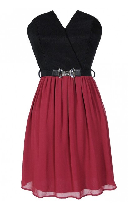 Tulip Garden Strapless Belted Dress in Black/Wine